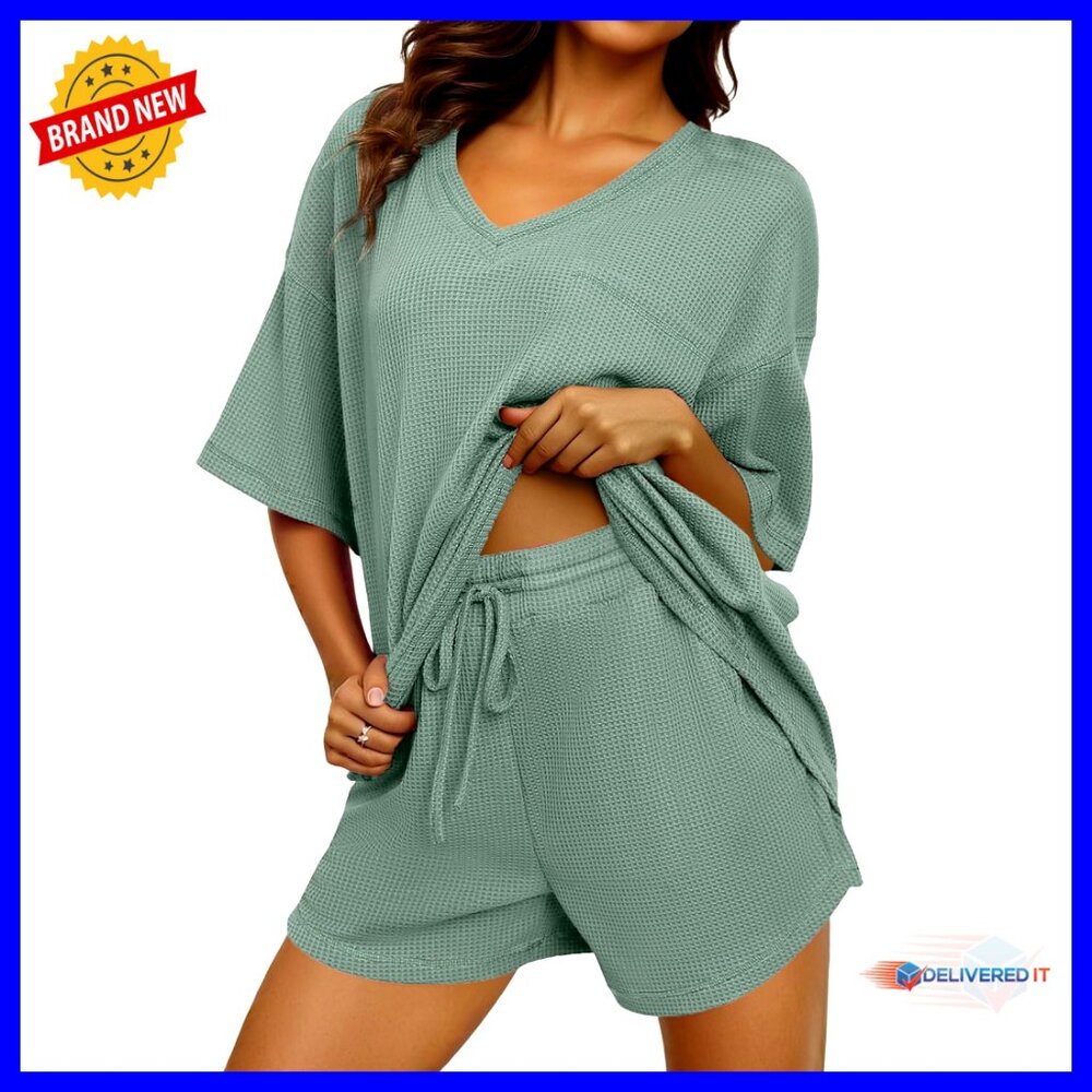 Waffle Knit Lounge Set Short Sleeve Top Drawstring Shorts Two Piece Comfy